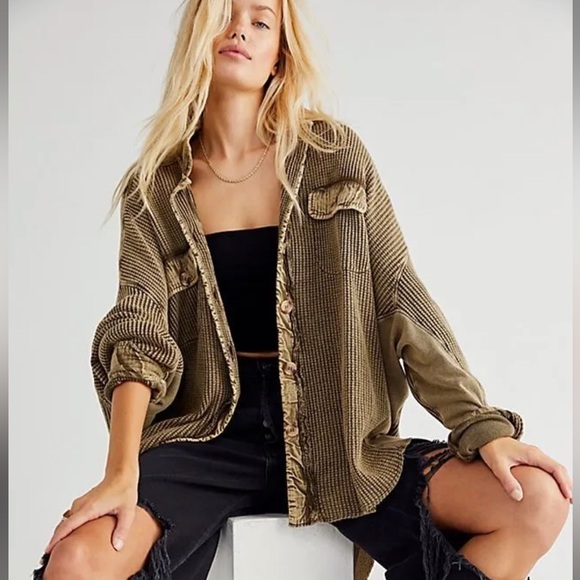 Free People Jackets & Blazers - Free People scout jacket shacket waffle knit button up Olive Green Women Jacket